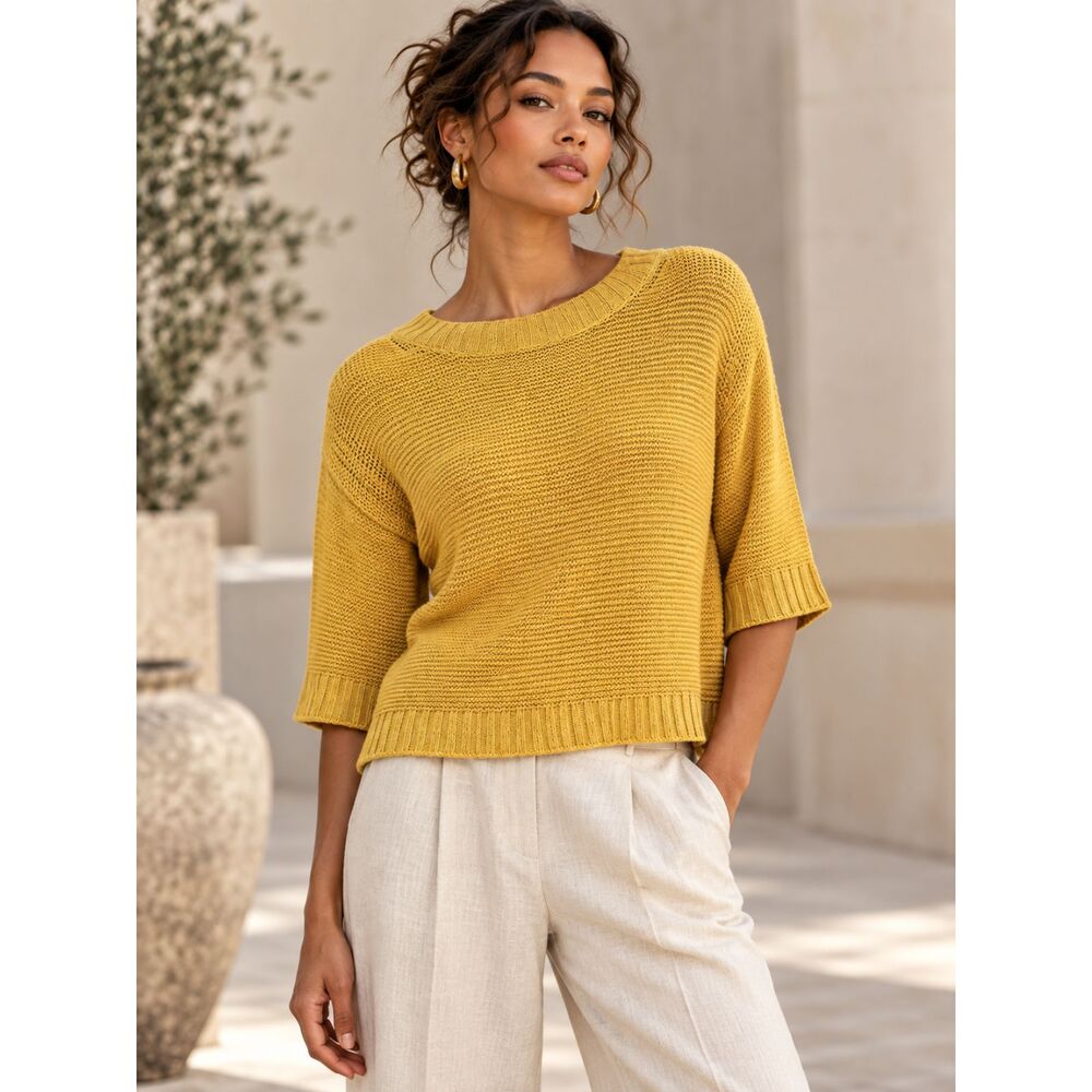 Eileen Fisher Marigold Yellow Cotton Linen Knit Sweater Oversized Size Small